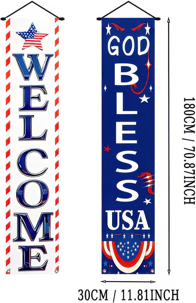BlissYard 2Pcs Welcome Patriotic Door Banner 4th of July Decorations American Banners Hanging Porch Signs Decor for Independence Memorial Day Veterans Labor Day for Yard Indoor Outdoor Supplies