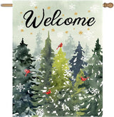 Welcome Winter House Flags Snowy Forest Pine Tree Garden Flag Cardinal Birds Yard Flag Large Christmas Outdoor Flags 28x40 Double Sided for Outside Farmhouse Lawn Decor