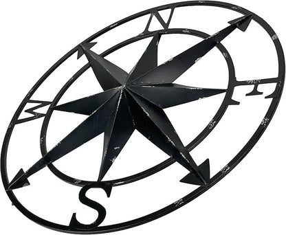 Zeckos Distressed Metal Nautical Compass Rose Wall Décor - Rustic 20-Inch Diameter Hanging Art with Vintage Black Enamel Finish - Perfect for Indoor and Outdoor Display
