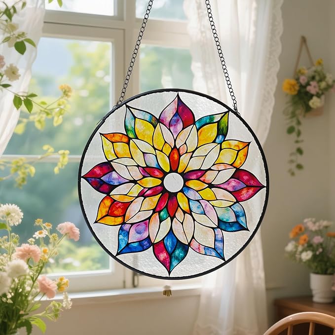 8'' Colorful Mandala Stained Glass Window Hanging, Suncatcher for Window Decor, Stained Glass Sun Catchers, Gifts for Women, Flower Lover, Christmas, Mother's Day, Birthdays