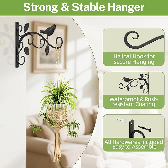 iDavosic.ly Plant Hangers Outdoor 2-Pack, 12 Inch Heavy Duty Iron Wall Brackets for Hanging Plants, Baskets, Bird Feeders, Lanterns, Wind Chimes, Indoor Metal Hooks for Garden Porch Patio, Black