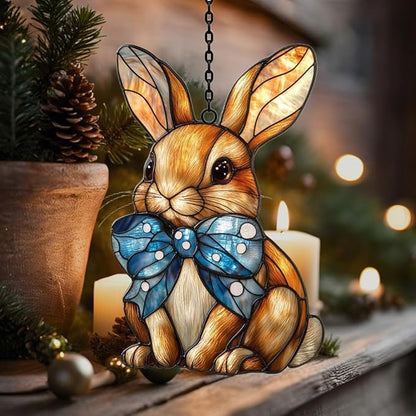 Warm Mosaic Bunny Art Acrylic Suncatcher Stained Glass Effect Window Car Hanging Christmas Ornament Indoor Outdoor Decor Garden Sun Catcher Panel for Easter Lover for Women Mom Grandma