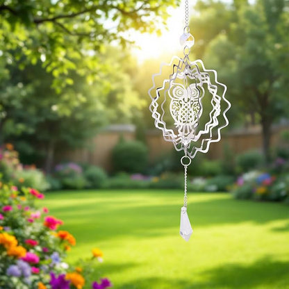 Owl Wind Spinners Outdoor 3D Stainless Steel Winds Sculpture Spinner for Garden Outside Hanging Decor Gradient Owl Wind Chimes for Halloween Yarn Home Party Decor 2Pcs