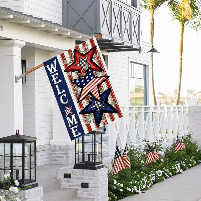 Independence Day 4th of July House Flag Burlap 28x40 Inch Double Sided, Patriotic American Stars and Stripes Yard Outdoor Decor DF304-28