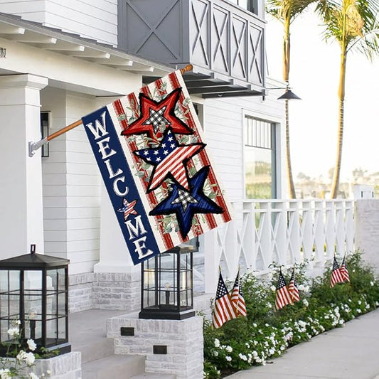 Independence Day 4th of July House Flag Burlap 28x40 Inch Double Sided, Patriotic American Stars and Stripes Yard Outdoor Decor DF304-28