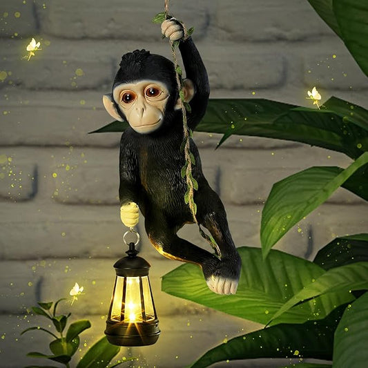 Rossesay Solar Light Outdoor Monkey Statues Black 13.78 Inch Resin Chimpanzee Baby Monkey Climbing on Vine with LED Lantern Waterproof Hanging Figurine with Hook for Yard Garden Wall
