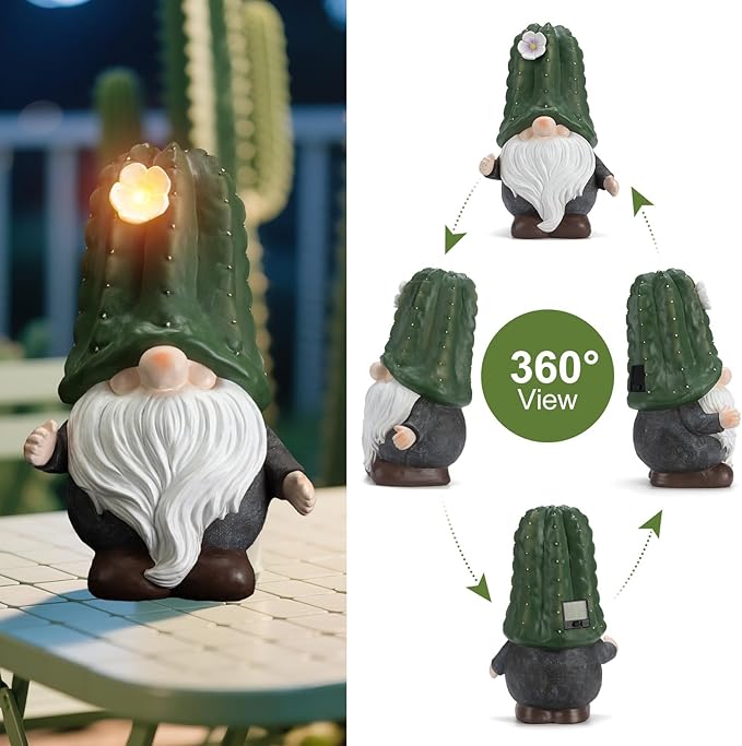 Etlemonde Solar Cactus Gnome Statue Garden Decor Light - Outdoor Decorative LED Flower, Suitable for Patio, Lawnand Garden Decorations, Gifts for Mom