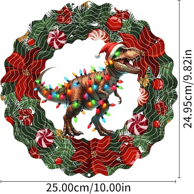 Dinosaur Metal Wind Spinner 3D Hanging Christmas Hat Wind Spinners Decor Christmas Dinosaur Metal Wind Sculptures for New Year Gift Party Yard Garden Outdoor Indoor Decor