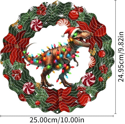 Dinosaur Metal Wind Spinner 3D Hanging Christmas Hat Wind Spinners Decor Christmas Dinosaur Metal Wind Sculptures for New Year Gift Party Yard Garden Outdoor Indoor Decor