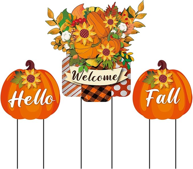 3 Pcs Metal Pumpkin Yard Stakes with Welcome Sign Hello Fall Pumpkin Yard Signs Hanging Wall Decor Farmhouse Decorative Garden Stakes for Autumn Harvest Thanksgiving Outdoor Walkway Decor