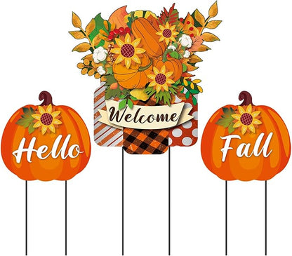 3 Pcs Metal Pumpkin Yard Stakes with Welcome Sign Hello Fall Pumpkin Yard Signs Hanging Wall Decor Farmhouse Decorative Garden Stakes for Autumn Harvest Thanksgiving Outdoor Walkway Decor