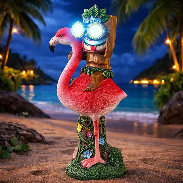 Colingmill 12.2'' Tiki Statue Flamingo Outdoor Decoration Solar Powered Garden Figurine Riding a Flamingo Tiki Bar Decor Housewarming Gardening Gifts for Bar, Lawn, Yard, Patio, Balcony, Table