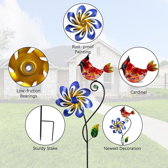Wind Spinners Outdoor, Cardinal Wind Spinner, Kinetic Windmill with Metal Stake, Decorative Pinwheels for Lawn, Patio, Garden Decor