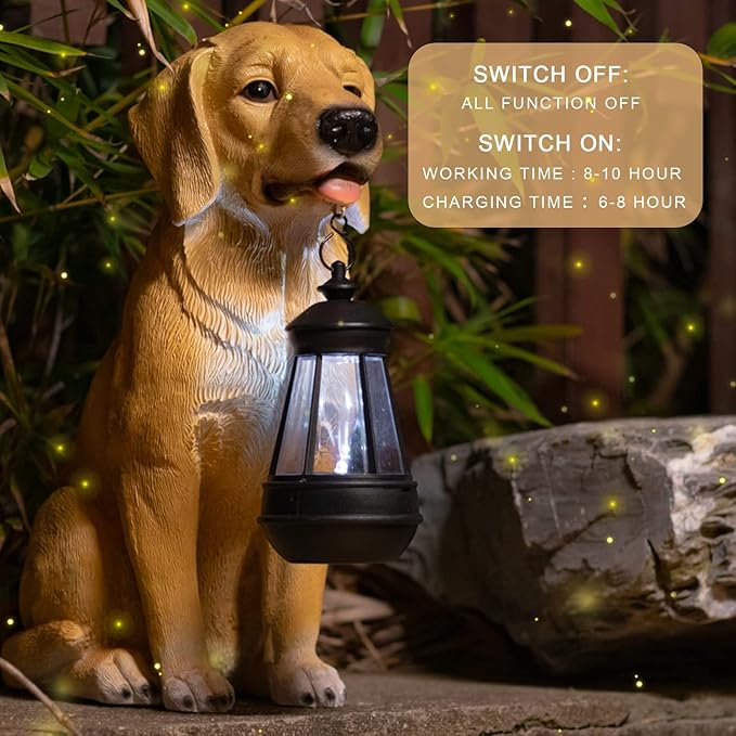Garden Dog Statues Outdoor Decor, Golden Retriever Yard Outdoor Statue with Solar Lantern Lights Decorations Solar Dog Ornaments for Patio, Lawn, Yard Art Decoration, Housewarming Garden Gift