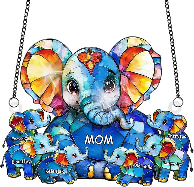Personalized Elephant Mom and Kids Stained Glass Suncatchers, Custom Name Mothers Day Sun Catcher, Elephant Mother Acrylic Window Hanging Ornament, Mother's Day Christmas Birthday Gifts (Style 12)