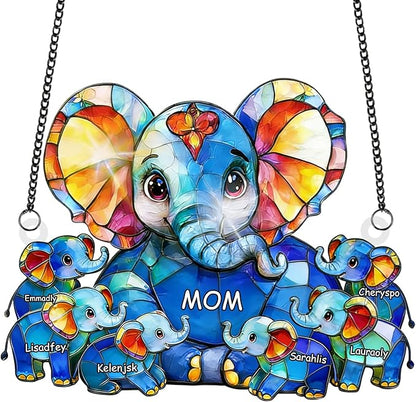 Personalized Elephant Mom and Kids Stained Glass Suncatchers, Custom Name Mothers Day Sun Catcher, Elephant Mother Acrylic Window Hanging Ornament, Mother's Day Christmas Birthday Gifts (Style 12)
