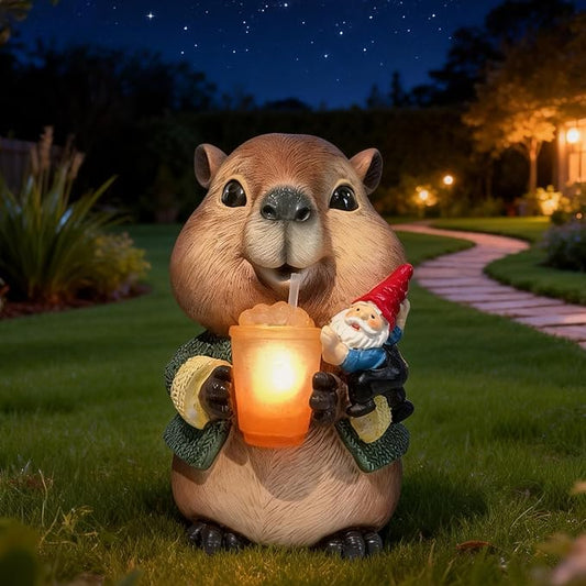 Solar Capybara Garden Gnome Statue,Outdoor Chipmunk Decor with Glowing Cup,Gnomes Figurine for Patio Yard Lawn,Christmas Housewarming Gifts for Mom,Women,Grandma