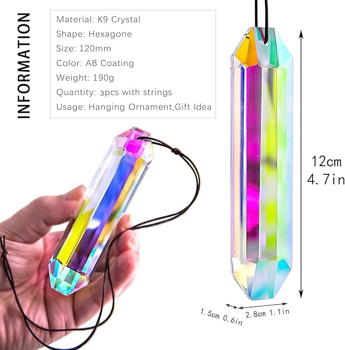 HDCRYSTALGIFTS 3 Pack 5" Large Crystal Sun Catcher Prisms for Windows, AB Colored Suncatcher Crystals Window Indoor Hanging Rainbow Maker Prisms for Home Garden Christmas Tree Decor