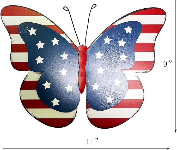 Rustic Metal Americana Butterfly Patriotic Wall Decor American Flag Hanging Ornaments 4th July Garden Yard Signs Independence Day Indoor Outdoor Wall Decoration