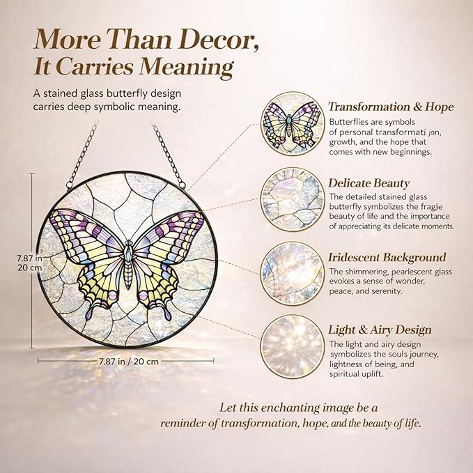 Butterfly Suncatcher Window Hanging, 7.8" Stained Glass Butterfly Decor, Meaningful Gift for Family, Friends and Loved Ones, Elegant Window Decor for Living Room, Sunroom, Office and Garden