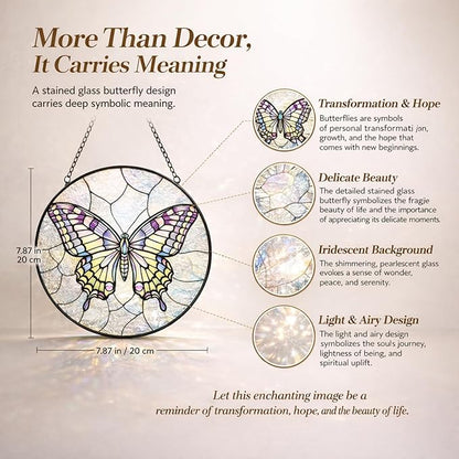 Butterfly Suncatcher Window Hanging, 7.8" Stained Glass Butterfly Decor, Meaningful Gift for Family, Friends and Loved Ones, Elegant Window Decor for Living Room, Sunroom, Office and Garden