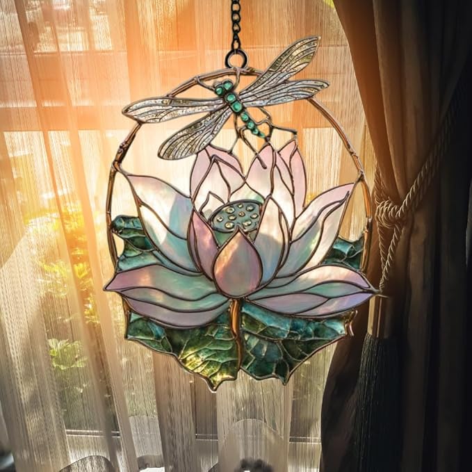 Dragonfly Lotus Acrylic Suncatcher, Boho Suncatchers for Window Hangings, Stained Glass Effect Indoor Outdoor Garden Decor for Dragonfly Lovers, Gifts for Mother's Day, Mom, Grandma, Wife, Women