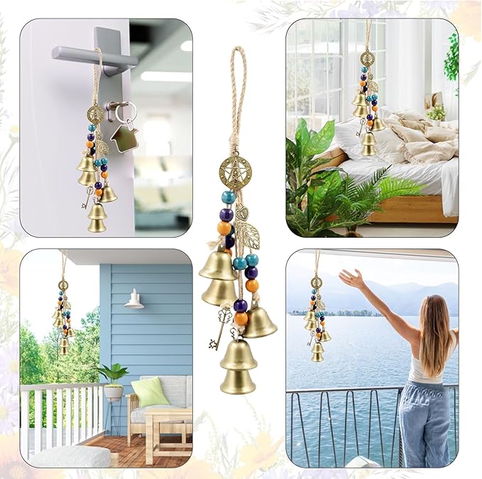 Witch Bells Protection for Door Knob, 13" Hanger Wind Chimes, Christmas Bells for Witchy Home Decor, Witchy Things Clear Negative Energy Witchcraft Supplies (Heath, Soul, Vitality)