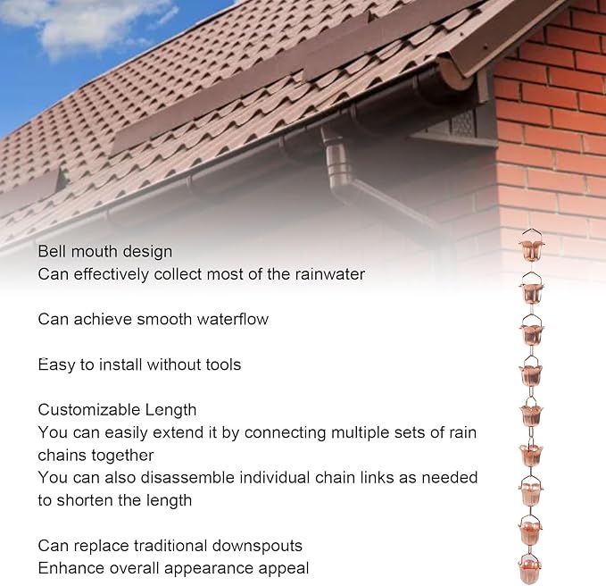 Aramox Morning Glory Rain Chain, 9 Cups, 1m/39.37in Length, Copper Decorative Gutter Downspout