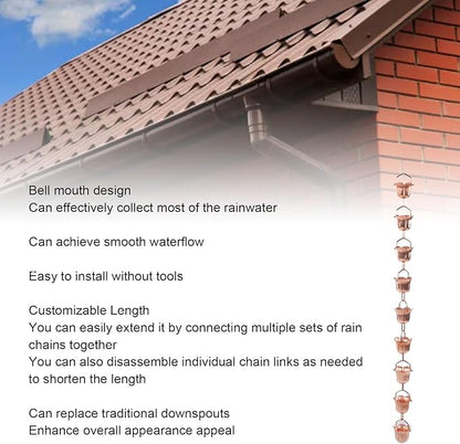 Morning Glory Rain Chain for Gutter with 9 Flower Shaped Cups, Adjustable Metal Decorative Copper Rain Catcher Chain Replacement for Outdoor Garden Eaves Drainage