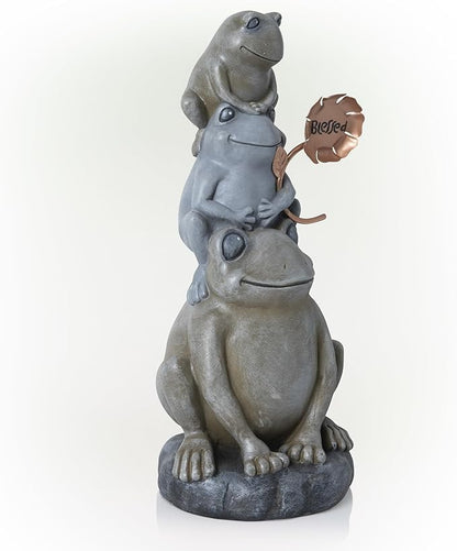 Alpine Corporation 18" Tall Outdoor Stacked Frogs Statue Holding Blessed Flower, Weatherproof Garden Decor, Gray