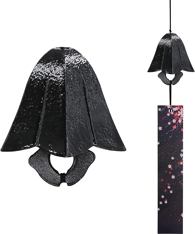 Japanese Wind Chime Cast-Iron Outdoor Ornament for Garden, Patio & Balcony, Hanging Metal Wind-Bell Decoration Gift, Blessing Pendant Windchimes & PVC Wind-Catcher, Gentian Flower