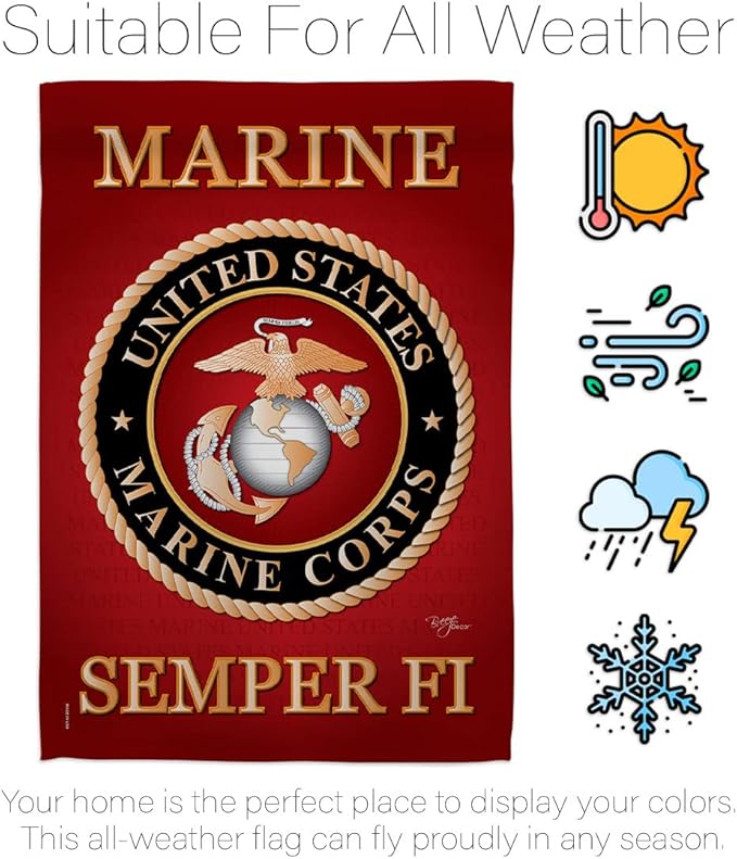 Marine Corps Garden House Flag - Set Armed Forces USMC Semper Fi United State American Military Veteran Retire Official - Decoration Banner Small Yard Gift Double-Sided Made in USA 28 X 40