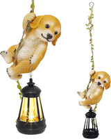 Solar Hanging Dog Statue, Outdoor Resin Golden Retriever Dog Figurine with LED Lights, Puppy Animal Ornament for Garden, Fence, Porch, Patio, Yard Decor, Dusk to Dawn Auto On/Off