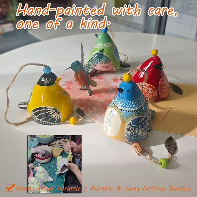 Ceramic Wind Chime Gift Set with 3D Pop Up Card - Handmade Memorial Healing Chimes for Outdoor/Indoor | Soothing Patio Decor | Unique Sympathy Gifts for Mom & Bird Lovers (Red+Green)
