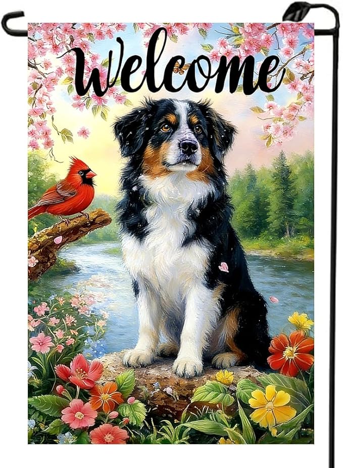 Spring Summer Australian Shepherd Dog Garden Flags 12x18 Double Sided, Small Burlap Seasonal Cardinal Flowers Garden Flag Spring Summer Outdoor Yard Decorations for Outside Lawn Decor