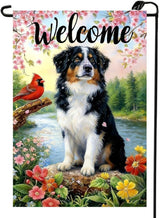 Spring Summer Australian Shepherd Dog Garden Flags 12x18 Double Sided, Small Burlap Seasonal Cardinal Flowers Garden Flag Spring Summer Outdoor Yard Decorations for Outside Lawn Decor