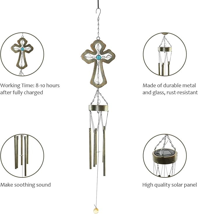 CEDAR HOME Solar Wind chime Unique Outdoor Indoor Hanging Mobile Bell WindChime Light Inspirational Religion Cross for Garden Lawn Yard Patio Waterproof Metal Glass Home Decor, 5.5"W x 3.5"D x 33"H