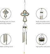 CEDAR HOME Solar Wind chime Unique Outdoor Indoor Hanging Mobile Bell WindChime Light Inspirational Religion Cross for Garden Lawn Yard Patio Waterproof Metal Glass Home Decor, 5.5"W x 3.5"D x 33"H