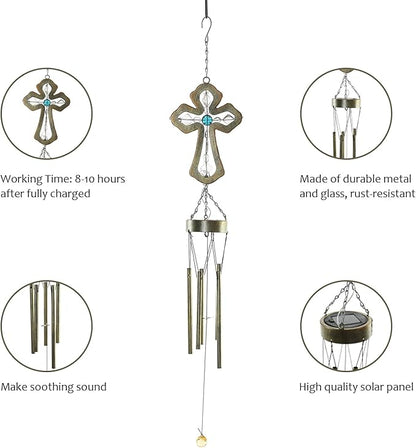CEDAR HOME Solar Wind chime Unique Outdoor Indoor Hanging Mobile Bell WindChime Light Inspirational Religion Cross for Garden Lawn Yard Patio Waterproof Metal Glass Home Decor, 5.5"W x 3.5"D x 33"H