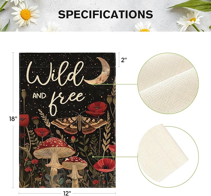 AVOIN colorlife Wild and Free Garden Flag 12x18 Inch Double Sided Outside, Mushroom Moon and Moth Yard Outdoor Flag