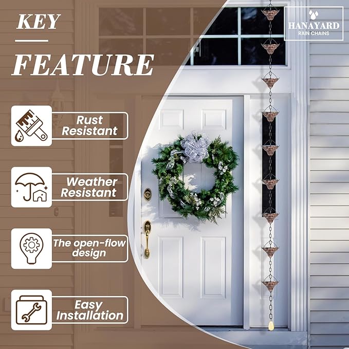 Rain Chain Gutter Downspout Antique Copper Rain Chains for Gutters with 12 Cups, Adjustable Rain Catcher Chain with Bell for Outside Water Diverter Decorative Garden Rain Chimes, 8.5 Ft