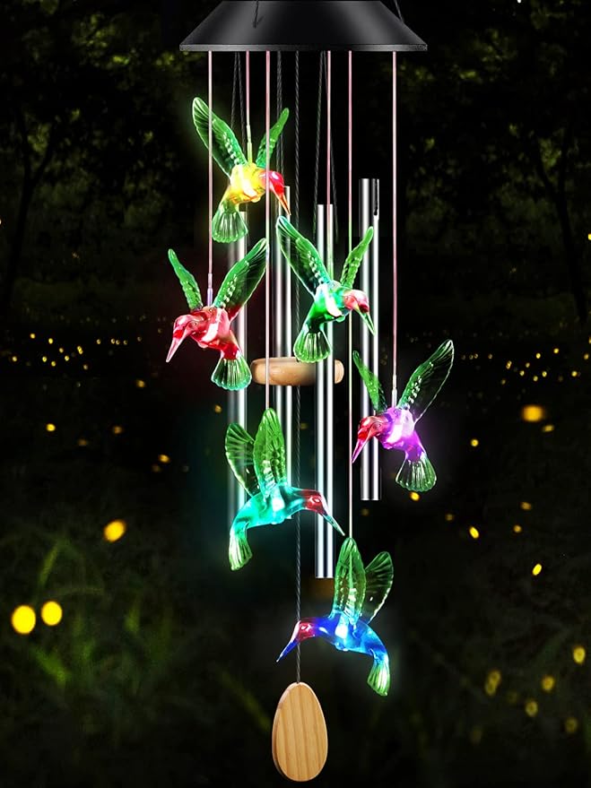 DesGully Wind Chimes,Hummingbird Solar Wind Chimes for Outside,Aluminum Tubes Memorial Wind Bell for Garden/Patio Decor Thanksgiving Gifts for Mom, Wife, Grandma Neighbors(25 Inch Deep Tone)