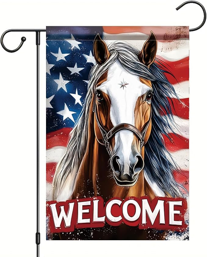 Spring Summer Garden Flag 12x18 Inch Patriotic Horse Welcome American Outdoor Western Farm Animal Design Outdoor Yard Porch Lawn for Seasonal Americana Country Home Decor