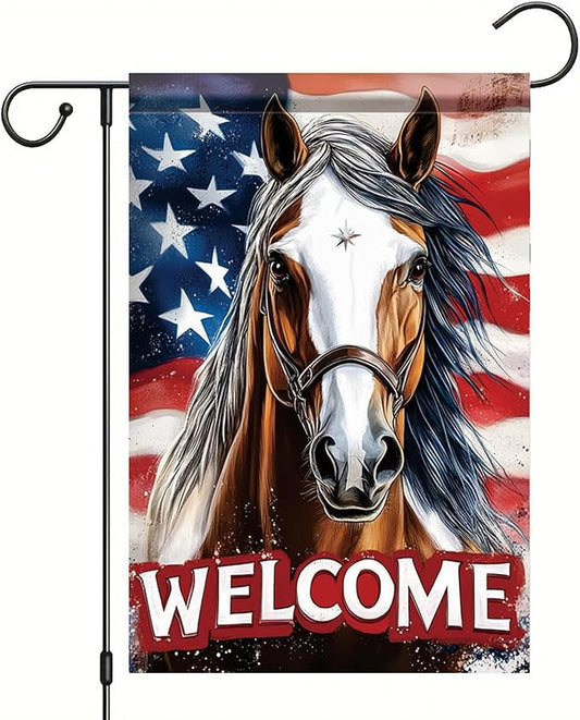 Spring Summer Garden Flag 12x18 Inch Patriotic Horse Welcome American Outdoor Western Farm Animal Design Outdoor Yard Porch Lawn for Seasonal Americana Country Home Decor