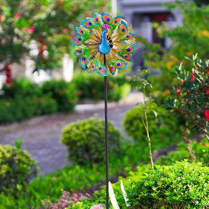 Wind Spinners Outdoor Peacock, 63 Inch Double-Sided Garden Windmill for Yard with 8 Green Feather Blades, Large Metal Garden Wind Spinner