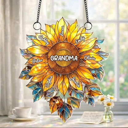 Personalized Grandma Mom Sunflower Acrylic Sun Catcher Gift for Mothers Day, Custom Grandkids Names Window Hanging Decor Ornament Gift for Mama Nana, Faux Stained Glass Ocean Decor