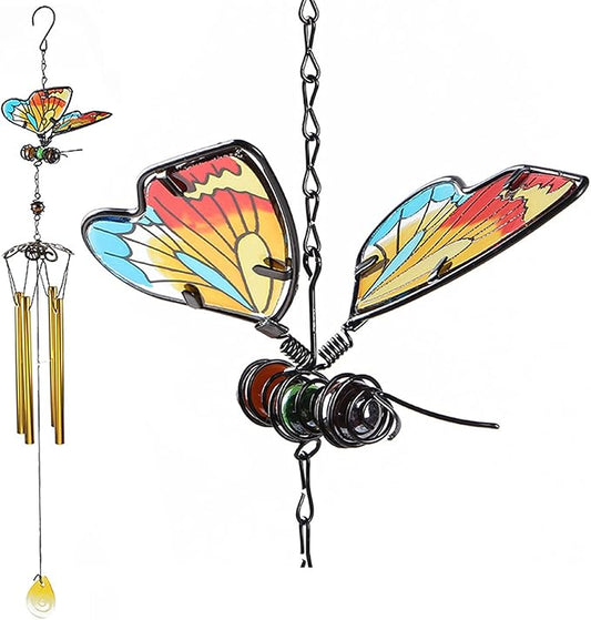 AVEKI Iron Stained Glass Butterfly Wind Chimes - 27.5''H, Gifts for Mom, Outdoor/Indoor, Home, Garden, Window, Yard, Patio, Lawn Decoration (Yellow)