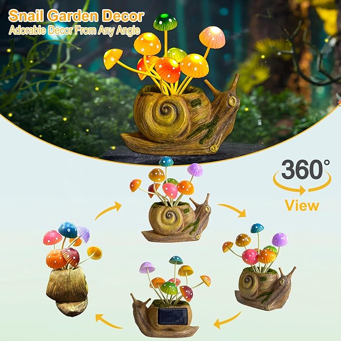 Solar Garden Statues Outdoor, Snail Garden Decor Solar Lights with Mushrooms, Birthday Gifts for Women Mom Grandma, Fairy Accessories for Patio Yard Lawn Backyard Balcony Housewarming Ornament