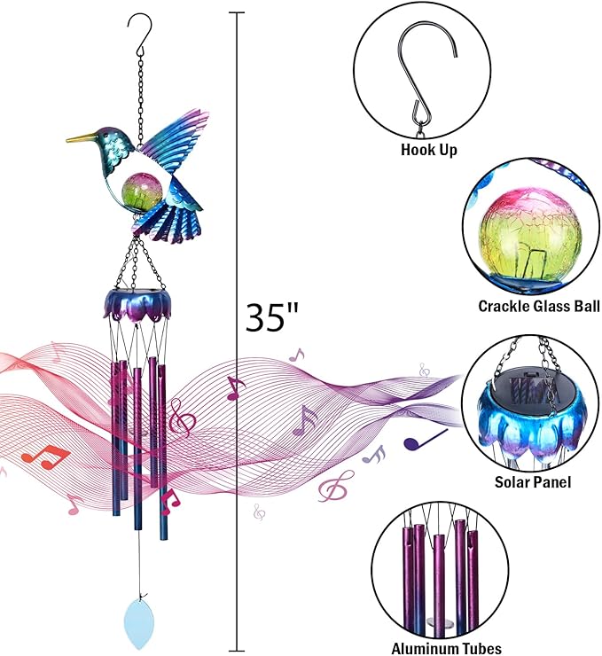 Taman Solar Wind Chime - Hummingbird Crack Glass Solar Light for Outside Waterproof Aluminum Tubes Decorative Memorial Gift, for Home, Outdoor, Yard, Patio,Garden Decor