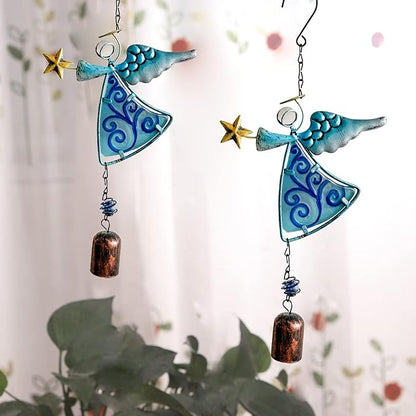 MrMrKura Metal Angel Wind Chime Hanging Decoration Ornament With Wing and Bell - Decorative Hanging Bells, Gifts for Home Garden Decor Crafts (Blue)